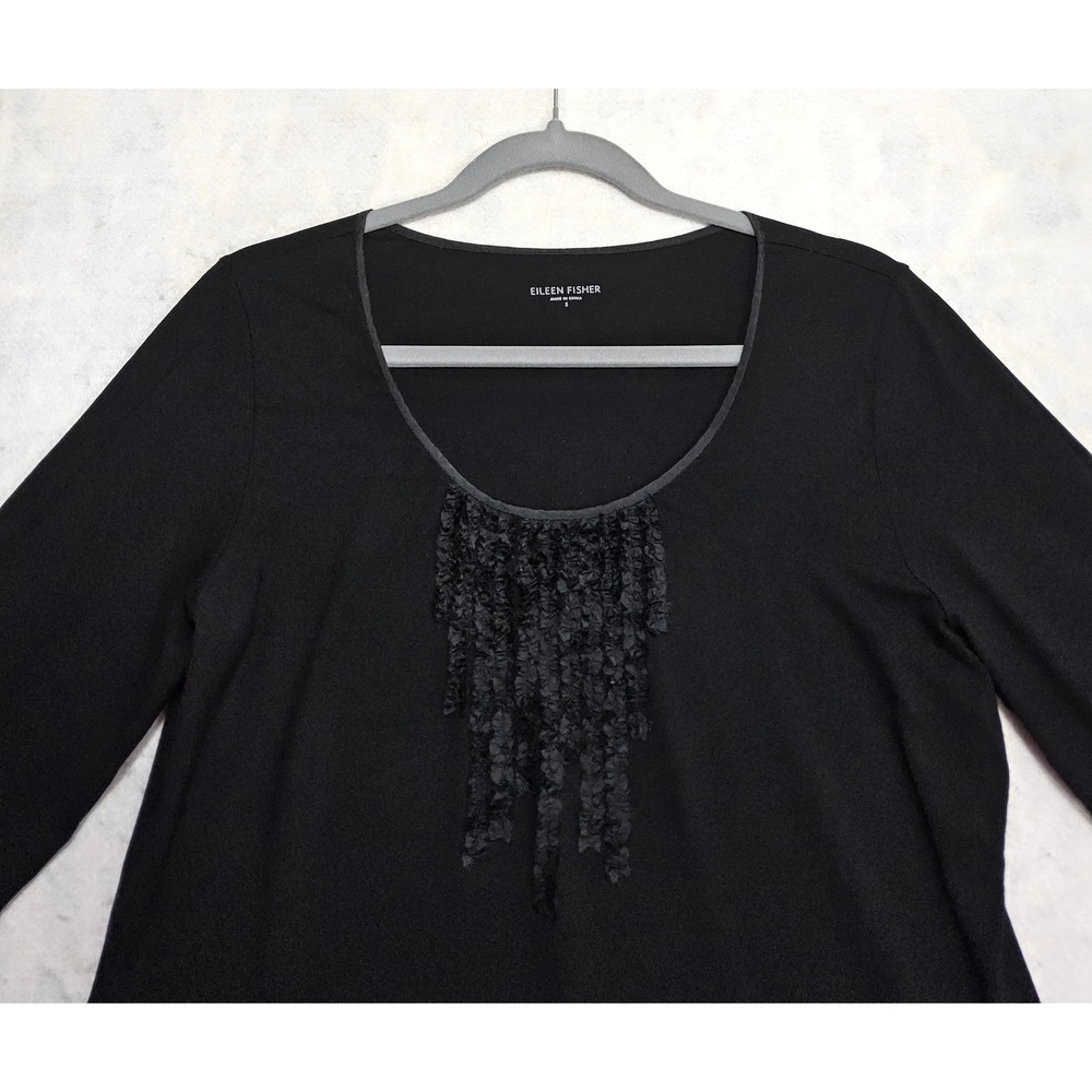 Eileen Fisher Tunic Top Shirt S Ruffle Fringe Scoop Neck 3/4 Sleeve Black Jersey